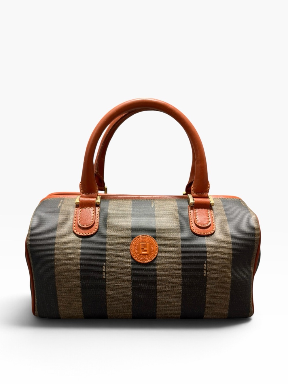 Fendi Pequin stripe Mini Boston Bag Brown Black Trim